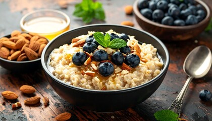 Oatmeal topped with blueberries, almonds, and honey