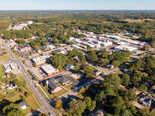 Sunny Daytime Aerial Drone Images of Downtown Zebulon North Carolina, and Surrounding Areas. 