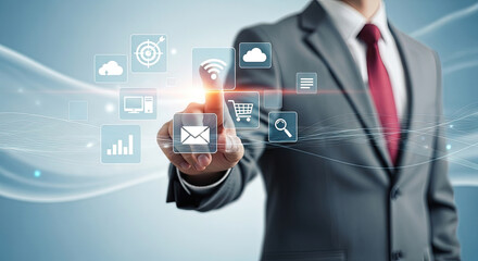 Businessman Touching Digital Interface with Business Icons, Modern Technology and Innovation, Data Analysis and Cloud Computing Concept. Future Tech.