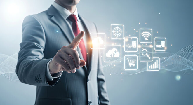 Businessman Touching Digital Interface with Cloud Computing and Business Icons. Modern Technology and Data Analysis Concept for Stock Illustration.