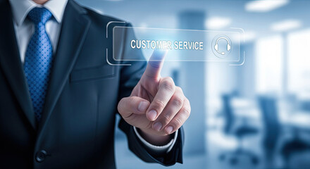 Professional Businessman Touching Customer Service Button on Virtual Screen for Online Support and Business Solutions, Modern Office Background