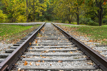 Obraz premium The railway tracks at Dundas Valley during fall, near the victorian rail station replica, Hamilton, Ontadio, Canada