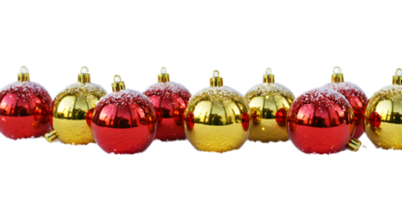 Festive Christmas cheer with a row of red and gold ornaments, dusted with fresh snow, perfect for holiday invitations and winter celebrations