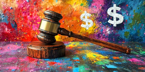 Gavel Symbolizing Justice and Legal Decisions Against Colorful Financial Background