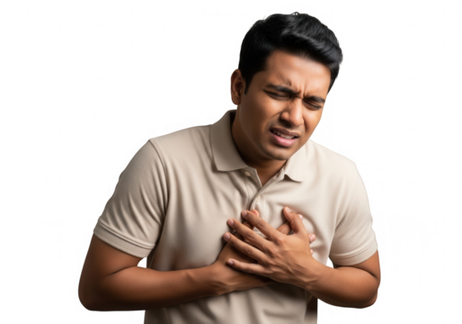 Man experiencing chest pain isolated on transparent background