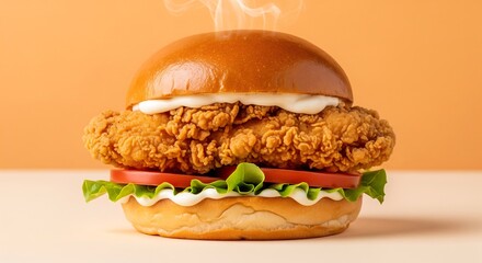 Delicious Crispy Chicken Burger with Fresh Vegetables on Light Orange Background Studio Shot