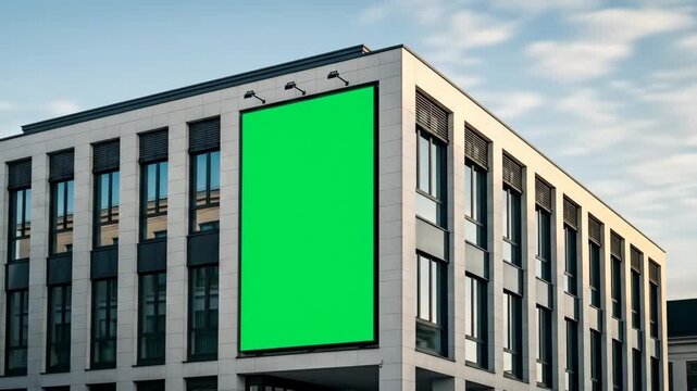 Large Vertical Green Screen Billboard Mockup on Modern Corporate Office Building Facade for Chroma Key Compositing