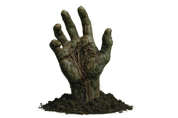 Zombie hand reaching out from grave, undead rising from ground, halloween horror concept with transparent background