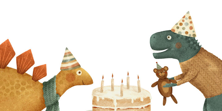 A whimsical Cute Dinosaur Birthday Celebration with a Cake and vibrant Party Hats - Powered by Adobe