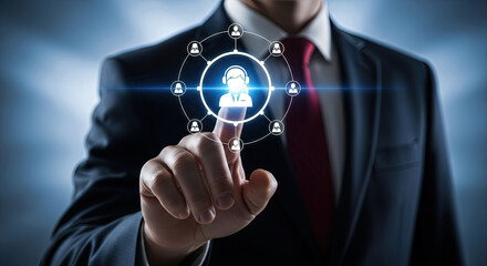 Customer Service Network: Businessman Touching Virtual Support Icon for Online Assistance and Global Communication, Ideal for Business and Technology Concepts
