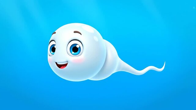 Animated cartoon sperm character swimming in blue liquid