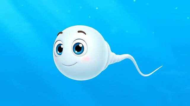 Animated sperm cell with facial features on a blue background