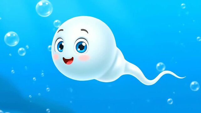Animated sperm cell with smiling face swims in blue liquid with bubbles