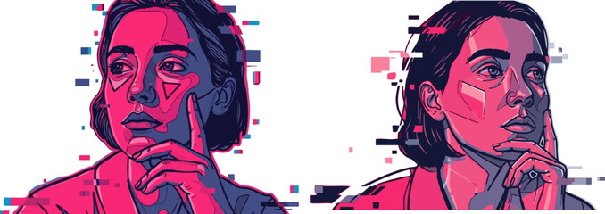 Digital glitch art portrait of a thoughtful woman