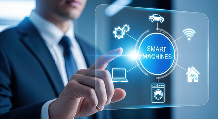 Smart Machines Interface: Businessman Interacting with Futuristic Technology for Automation, AI, IoT, and Modern Business Solutions