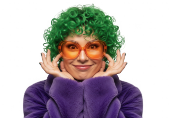 Woman with green curly hair and orange glasses isolated on transparent background