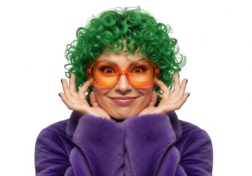 Woman with green curly hair and orange glasses isolated on transparent background - Powered by Adobe