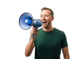 Man shouting through megaphone loud voice communication and public announcement