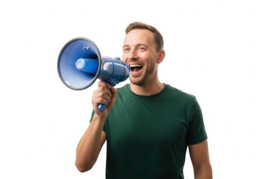 Man shouting through megaphone loud voice communication and public announcement