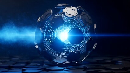 Futuristic soccer ball emitting bright light over a hexagonal surface - Powered by Adobe