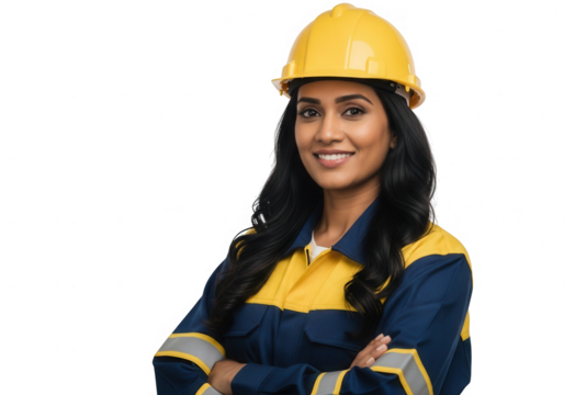 Female Engineer Construction Worker in Safety Helmet Uniform on transparent background