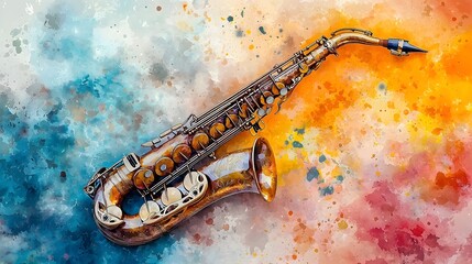 Naklejka premium Vibrant Watercolor of a Captivating Saxophone Against Colorful Background