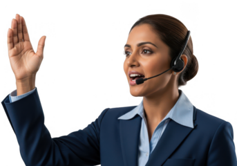 Indian woman raising hand at call center for customer service support on transparent background