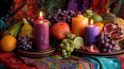 Obraz premium colorful festive arrangement with fruits and candles on vibrant fabric 