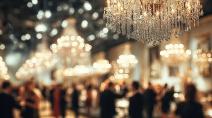 highend holiday cocktail event dreamy bokeh background fashionable guests mingling crystal chandeliers