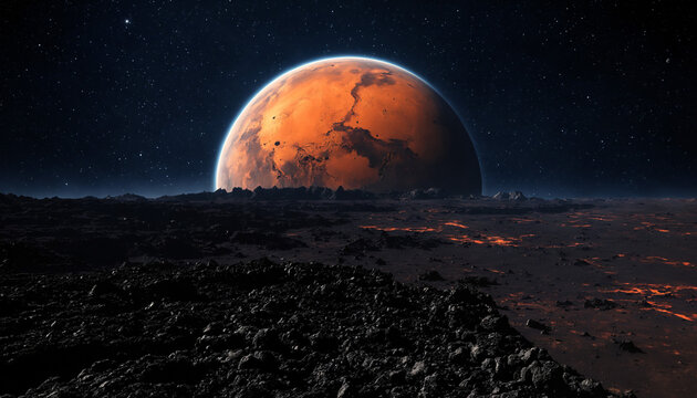 a desolate volcanic alien landscape with glowing lava fissures viewing a large textured red planet against a backdrop of deep space and stars.