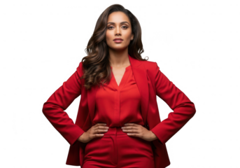 Confident woman in red suit isolated on transparent background