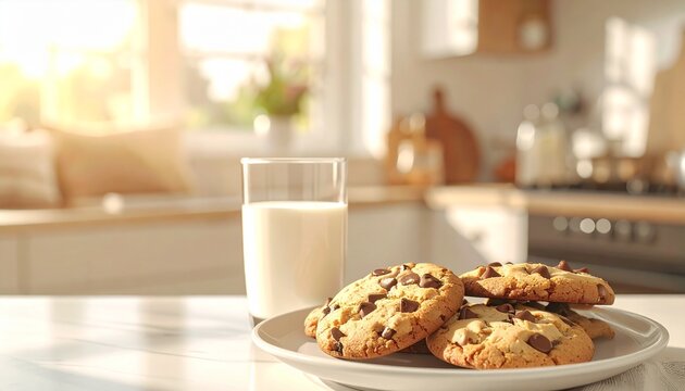 Warm and freshly baked chocolate chip cookies on a rustic plate with a glass of milk in a cozy setting, breakfast concept