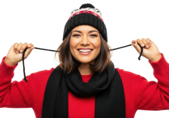 Smiling woman in winter hat isolated on transparent background