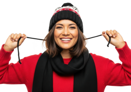 Smiling woman in winter hat isolated on transparent background - Powered by Adobe