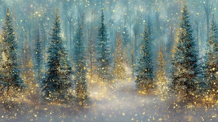 magical forest winter wonderland holiday trees and golden glowing lights christmas card style watercolor abstract artistic enchanted nature woodland background wallpaper backdrop wrapping paper