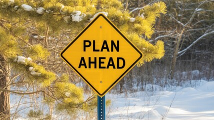 Plan ahead with this bright yellow sign in a winter wonderland, reminding you to be prepared for the future
