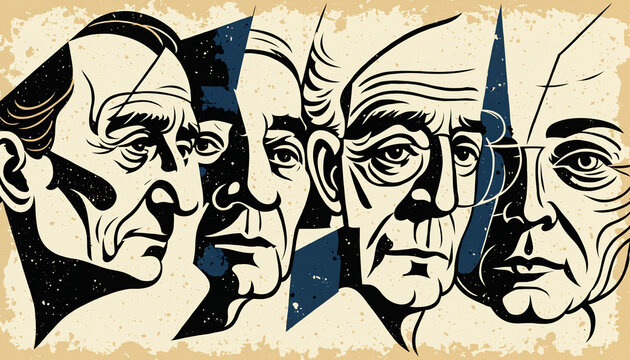 abstract fragmented portrait of five older men with bold lines and grunge