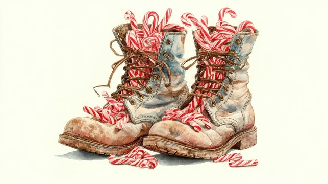 watercolor santa boots filled with candy canes
