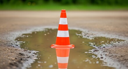 Orange and White Traffic Cone Reflecting in a Puddle on a Road Construction Site