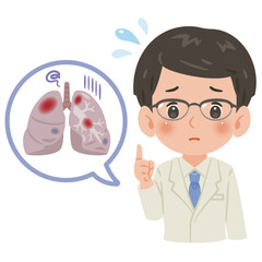 不健康な肺と白衣を着た男性医師　上半身イラスト／Unhealthy Lungs with Male Doctor in White Coat　upper body illustration