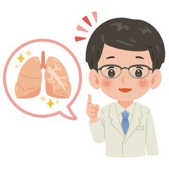 健康な肺と白衣を着た男性医師　上半身イラスト／Healthy Lungs with Male Doctor in White Coat　upper body illustration