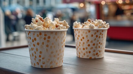 popcorn in ecofriendly paper cups at a food festival stand urban background