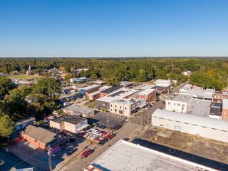 Fototapeta premium Sunny Daytime Aerial Drone Images of Downtown Zebulon North Carolina, and Surrounding Areas. 
