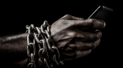 metallic chain binds a wrist to a smartphone, illustrating modern dependency, technology control, screen time obsession, and personal data captivity.