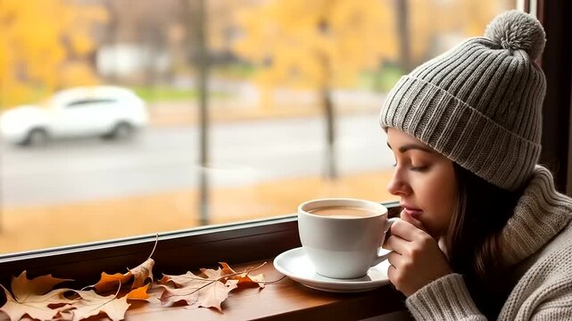 Woman enjoying coffee by window on a rainy autumn day.