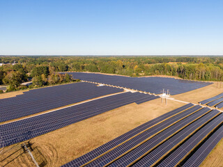 Sunny Daytime Aerial Drone Images of a Solar Farm in Zebulon, North Carolina: Technology, Environment, Sustainable Energy