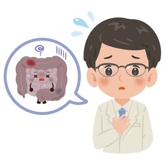 不健康な腸のキャラクターと白衣を着た男性医師　上半身イラスト／Unhealthy Intestines Character with Male Doctor in White Coat　upper body illustration
