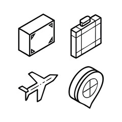 Isometric Black Outline Vector Icon Set for Travel and Logistics