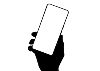 Hand holding smartphone with blank screen isolated on transparent background