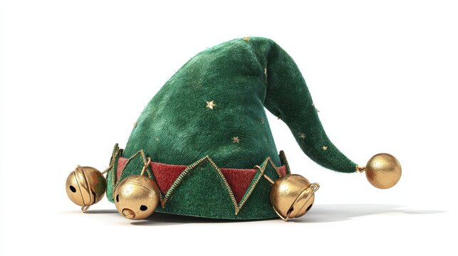 festive elf hat with jingle bells on white backdrop